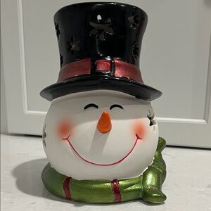 Festive Snowman Candle Holder with Black Hat and Green Scarf